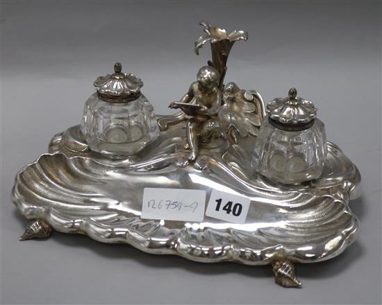 A Victorian plated inkstand width 27cm